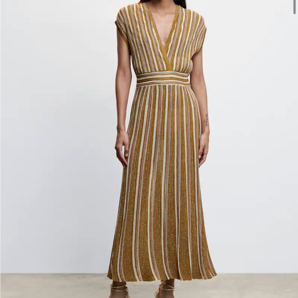 Mango Printed Gold and Pink Metallic Knit Tea Length Dress